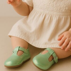 NEW A Bear Co Toddler Size 3 Smooth Glitter T-Strap Flats‎ Green Girls